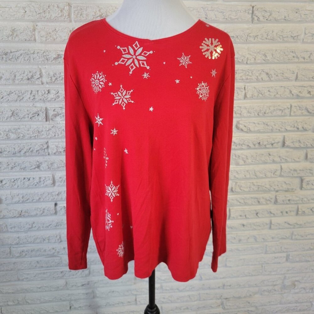 Croft & Barrow XL Red Blouse Snowflake Sparkle Round Neck Long Sleeve RED7E